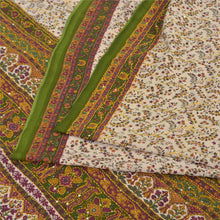 Load image into Gallery viewer, Sanskriti Vintage Cream/Green Indian Sarees Crepe Hand Beaded Kantha Sari Fabric
