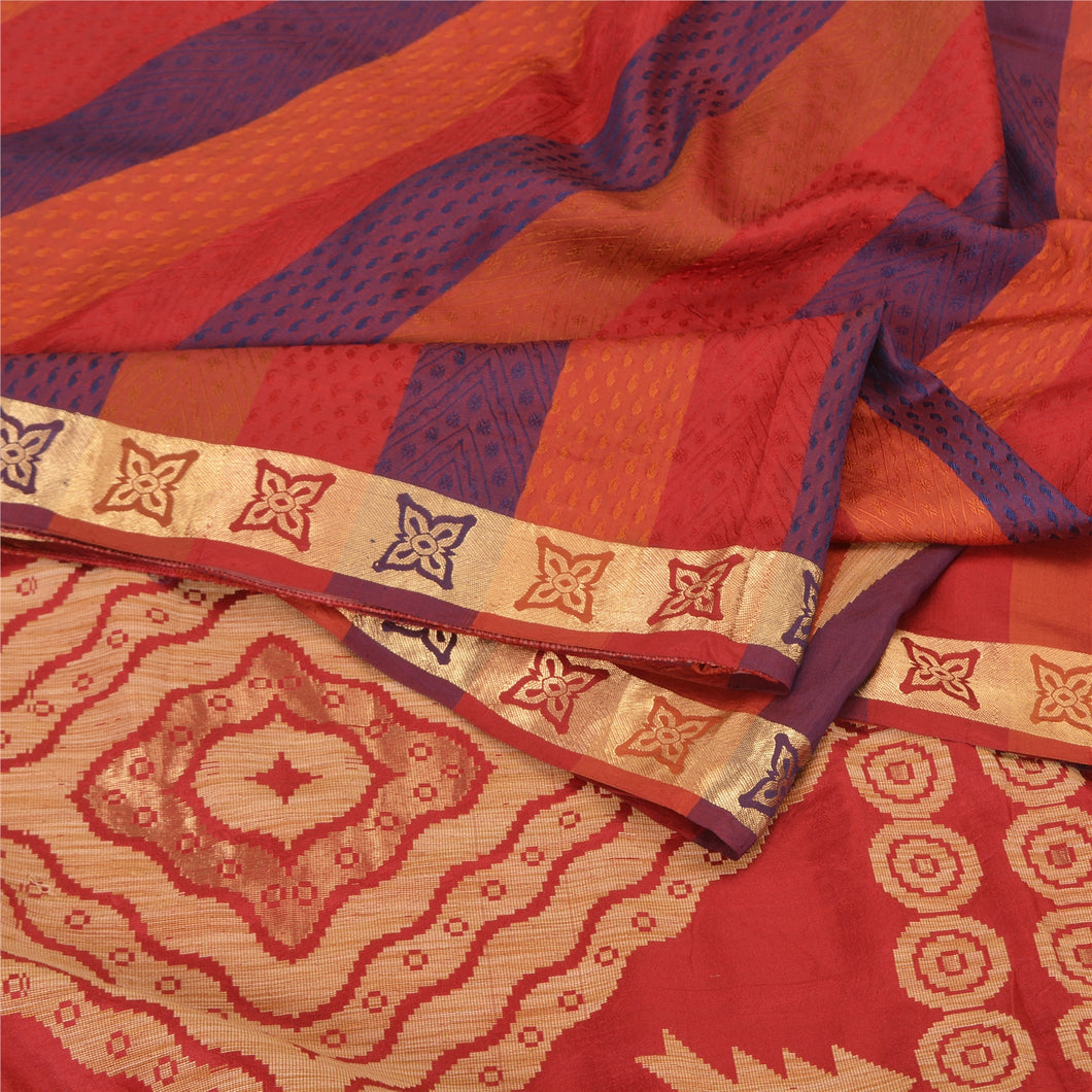 Sanskriti Vintage Red/Blue Indian Sarees Pure Silk Woven Sari 5 YD Craft Fabric