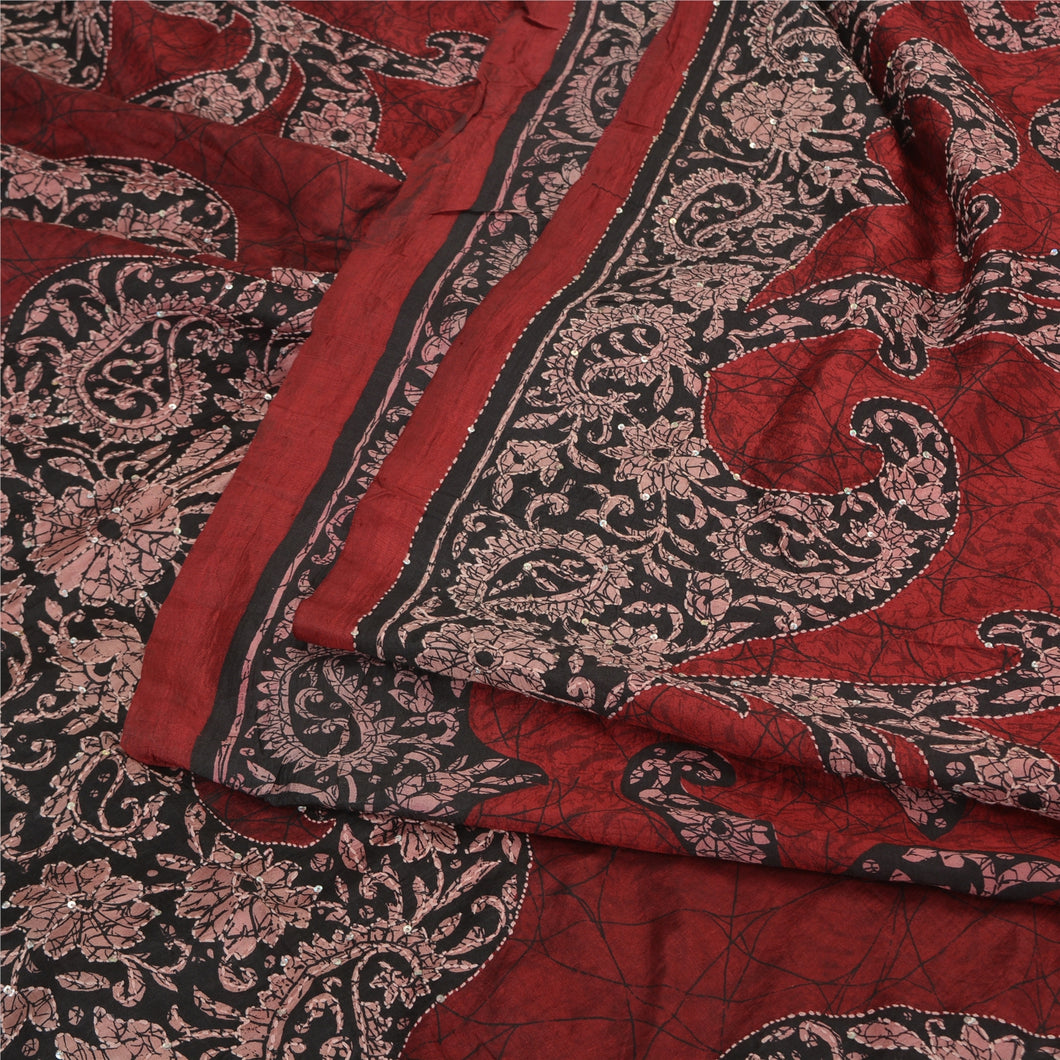 Sanskriti Vintage Dark Red/Black Sarees Pure Silk Hand Beaded Kantha Sari Fabric