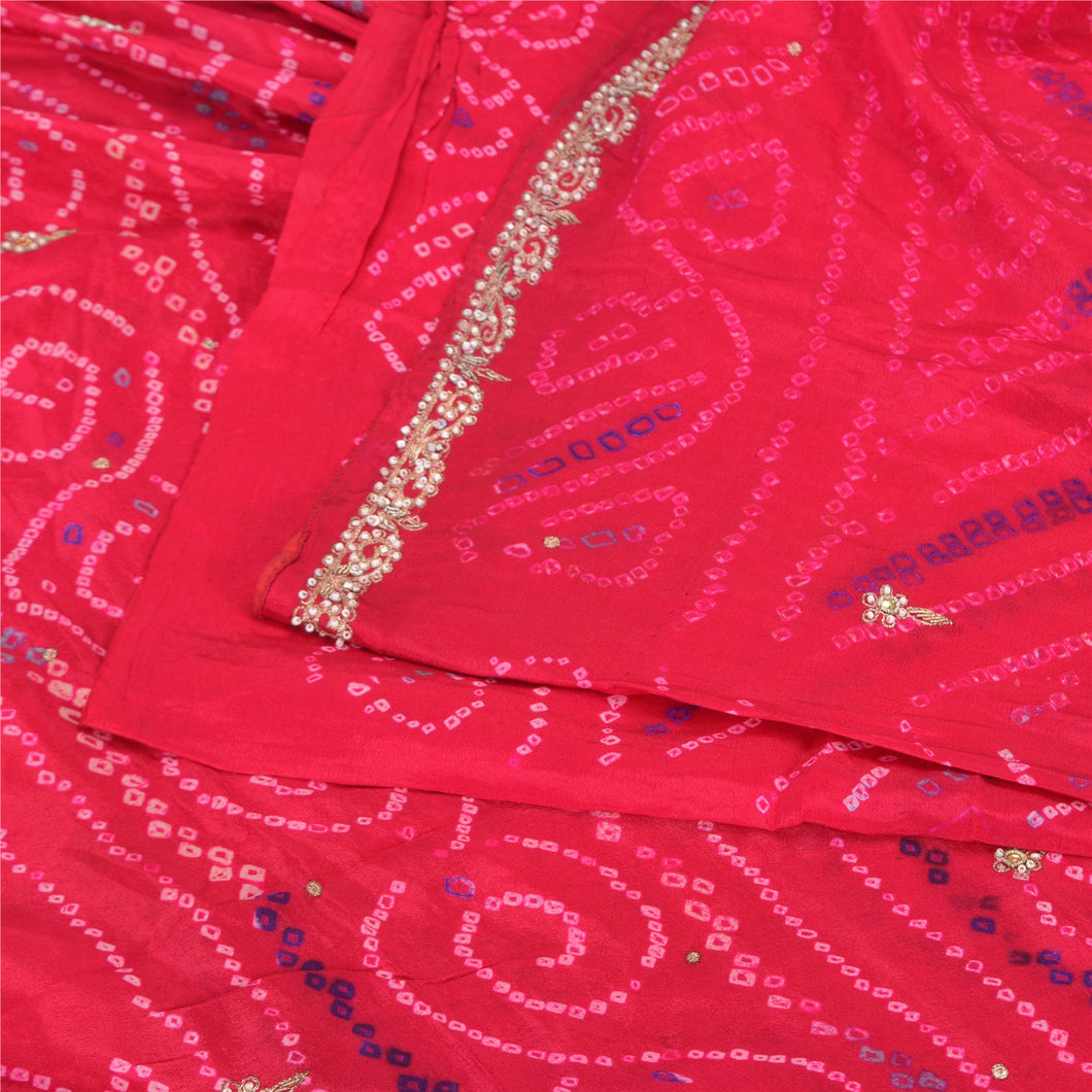 Sanskriti Vintage Pink Indian Sarees Pure Silk Hand Beaded Bandhani Sari Fabric