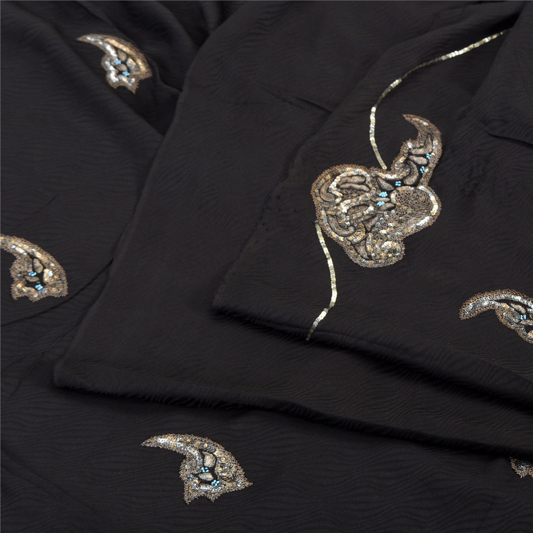 Sanskriti Vintage Black Sarees Pure Silk Hand Beaded Woven Premium Sari Fabric