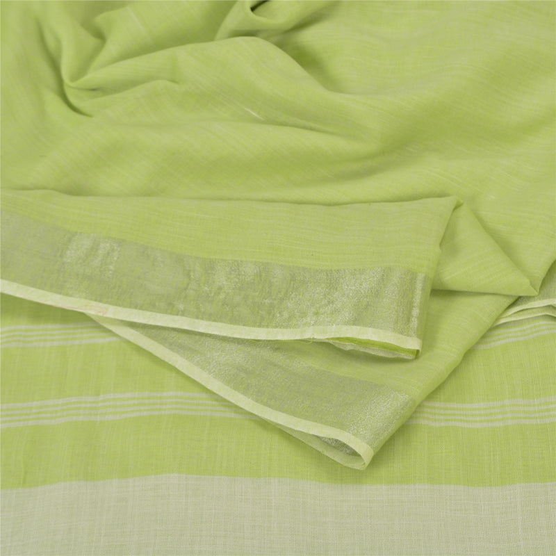 Sanskriti Vintage Sari Cotton Fabric: Green & Ivory Woven Indian Saree, 5yd Create- Upcycled Sarongs, Scarves, Stoles, For DIY Projects