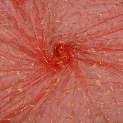 Sanskriti Vintage Red Sarees Net Mesh Hand Beaded Premium Sari Craft Sustainable Fabric