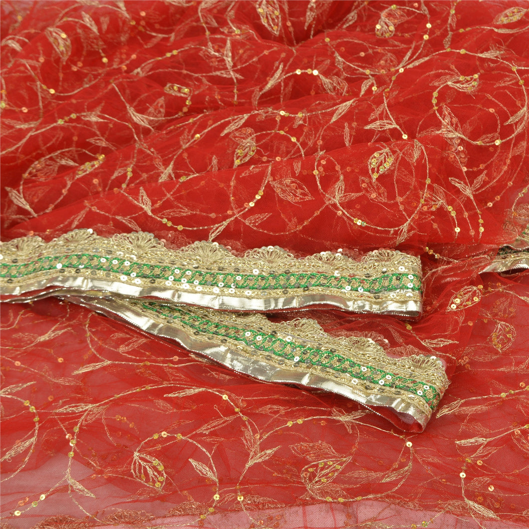 Sanskriti Vintage Red Sarees Net Mesh Hand Beaded Premium Sari Craft Fabric