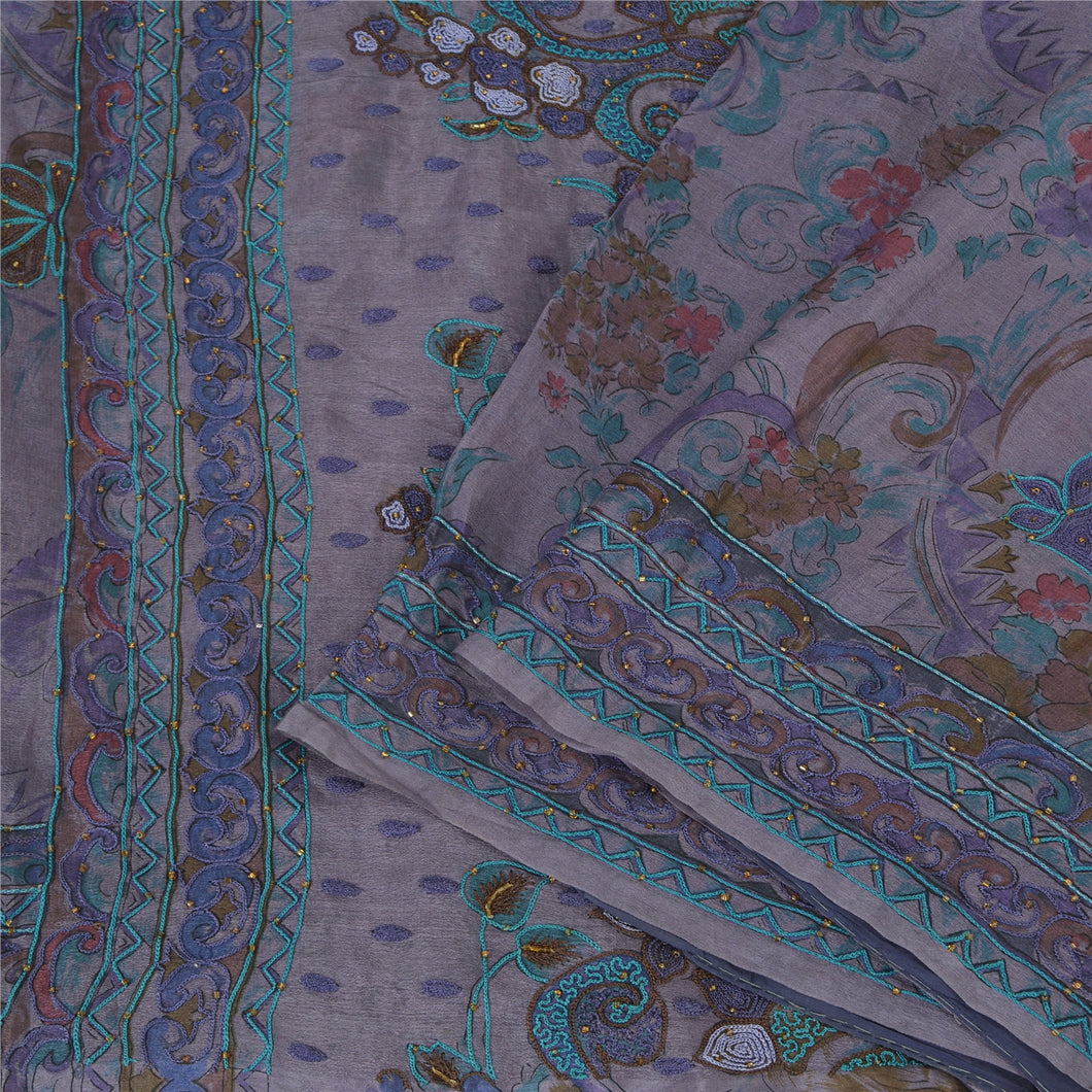Sanskriti Vintage Purple Indian Sarees Pure Silk Hand Beaded Premium Sari Fabric