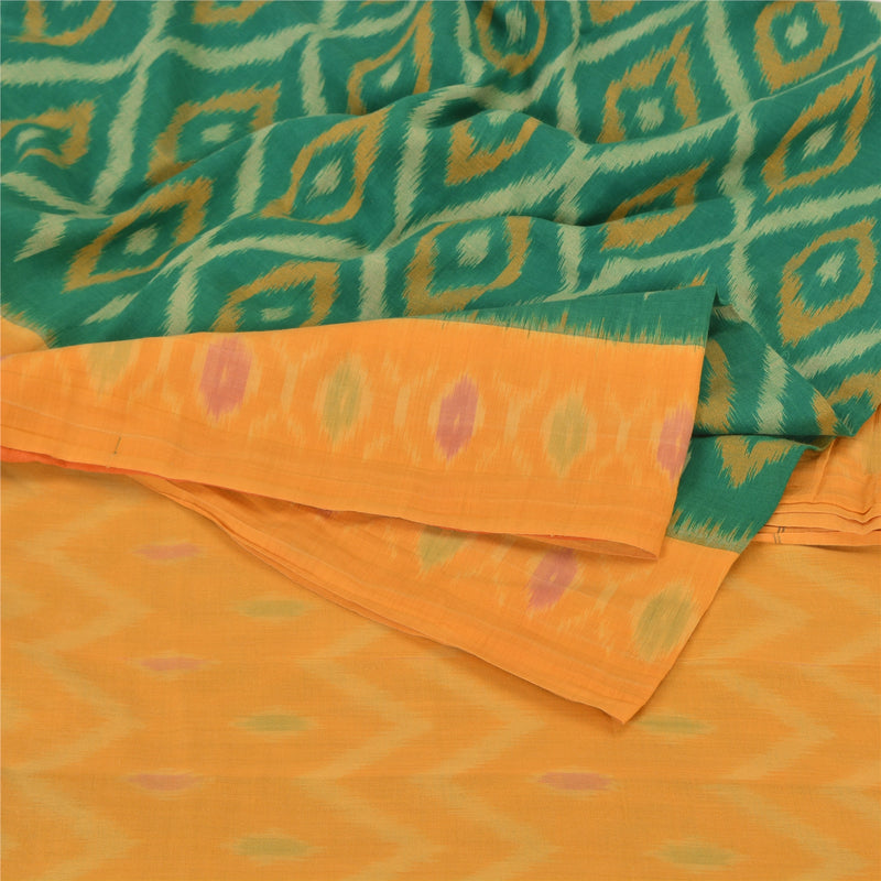 Sanskriti Vintage Gul/Grøn Sarier Ren Bomuld Vævet Ikat Premium Sari Bæredygtigt Stof
