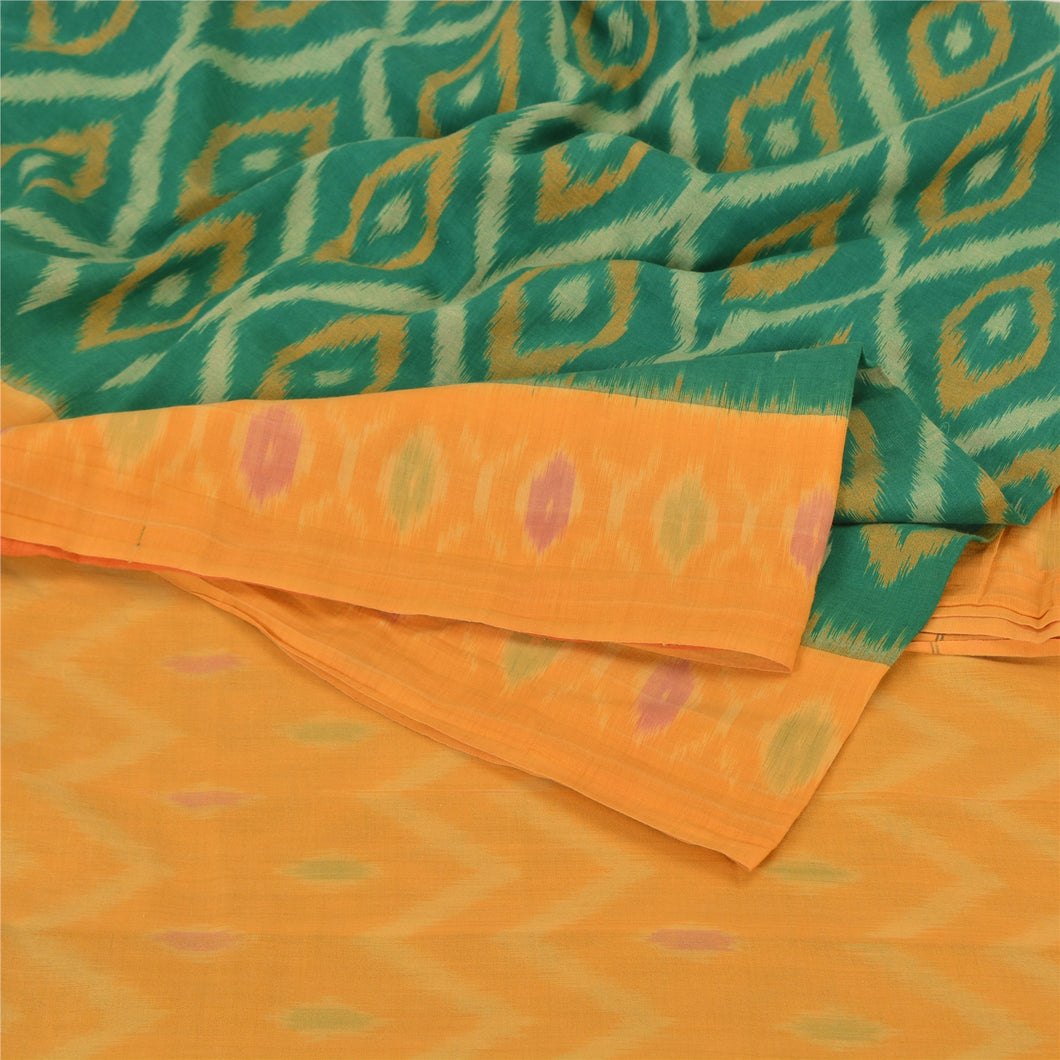 Sanskriti Vintage Yellow/Green Sarees Pure Cotton Woven Ikat Premium Sari Fabric