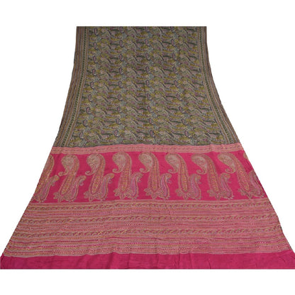 Sanskriti Vintage Black/Pink Sarees Pure Silk Handmade Mukeish Work Sari Sustainable Fabric