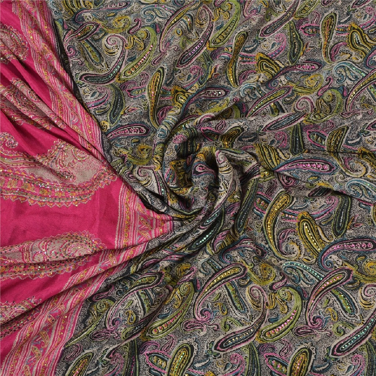 Sanskriti Vintage Black/Pink Sarees Pure Silk Handmade Mukeish Work Sari Sustainable Fabric