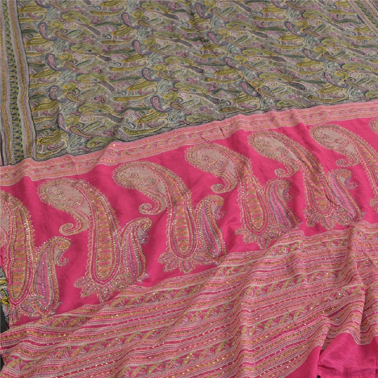 Sanskriti Vintage Black/Pink Sarees Pure Silk Handmade Mukeish Work Sari Sustainable Fabric