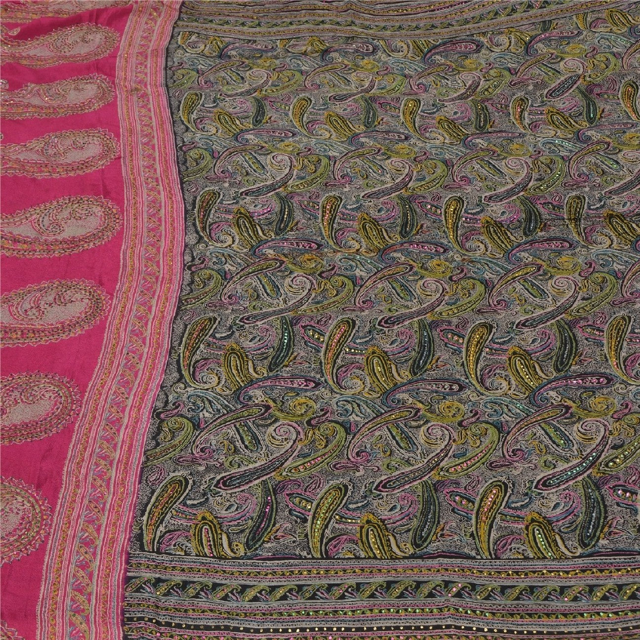 Sanskriti Vintage Black/Pink Sarees Pure Silk Handmade Mukeish Work Sari Sustainable Fabric