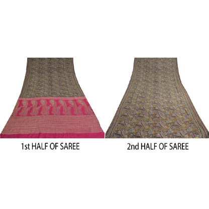 Sanskriti Vintage Black/Pink Sarees Pure Silk Handmade Mukeish Work Sari Sustainable Fabric
