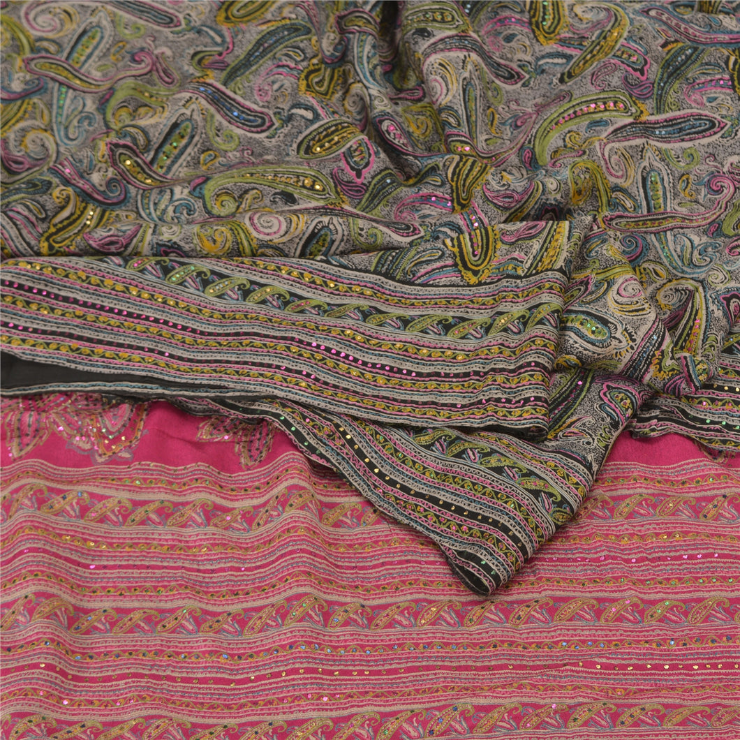 Sanskriti Vintage Black/Pink Sarees Pure Silk Handmade Mukeish Work Sari Fabric