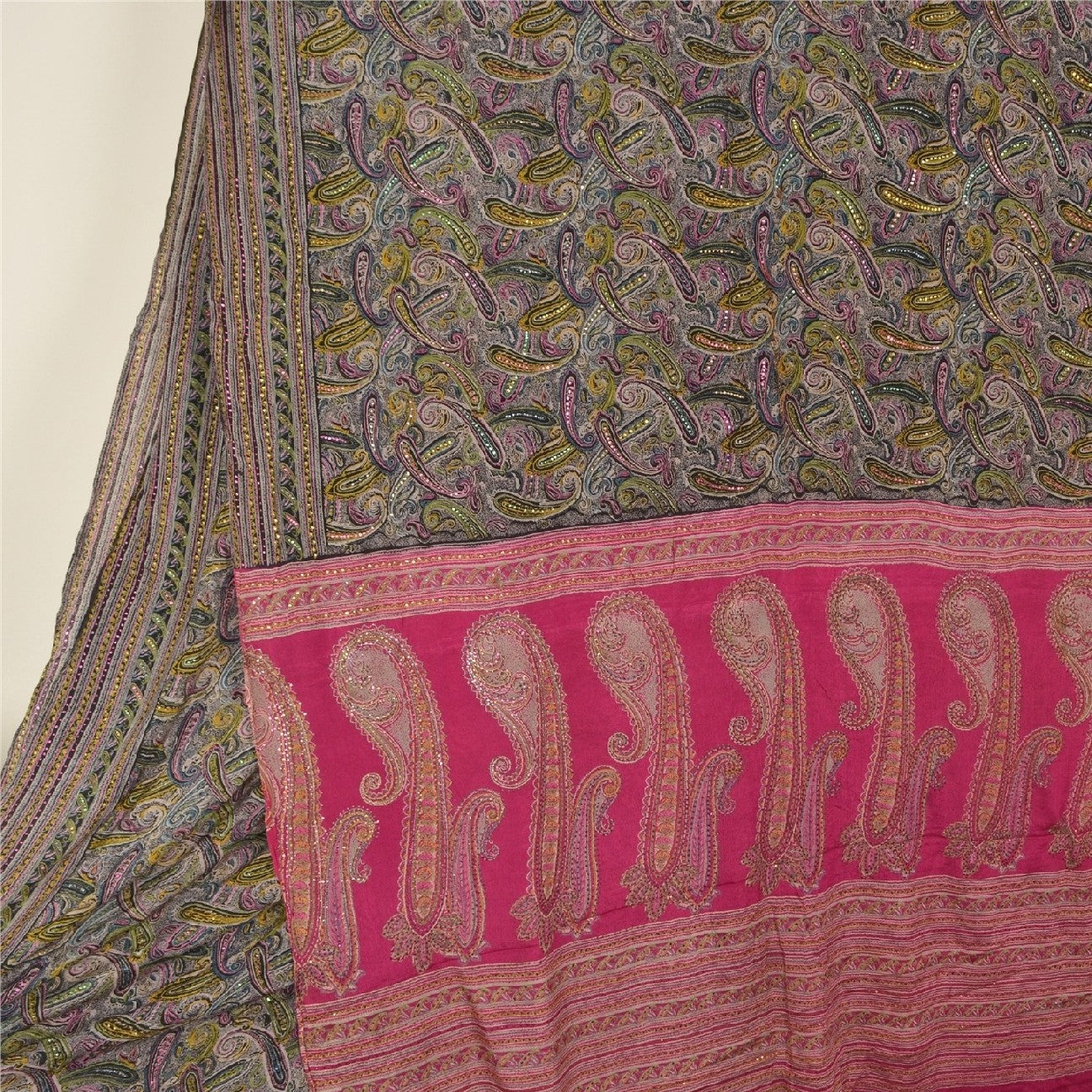 Sanskriti Vintage Black/Pink Sarees Pure Silk Handmade Mukeish Work Sari Sustainable Fabric