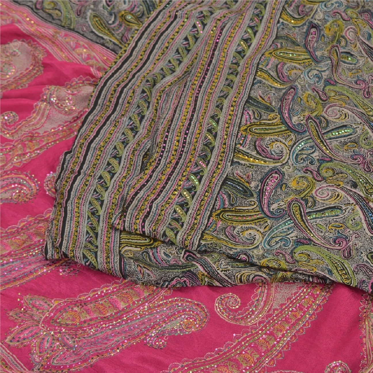 Sanskriti Vintage Black/Pink Sarees Pure Silk Handmade Mukeish Work Sari Sustainable Fabric
