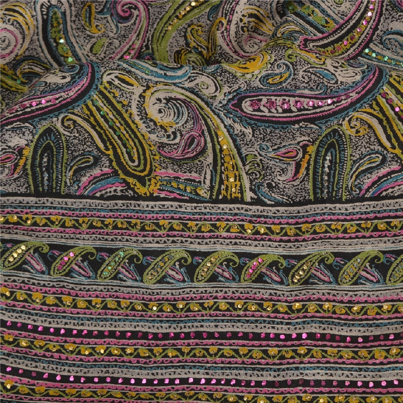 Sanskriti Vintage Black/Pink Sarees Pure Silk Handmade Mukeish Work Sari Sustainable Fabric