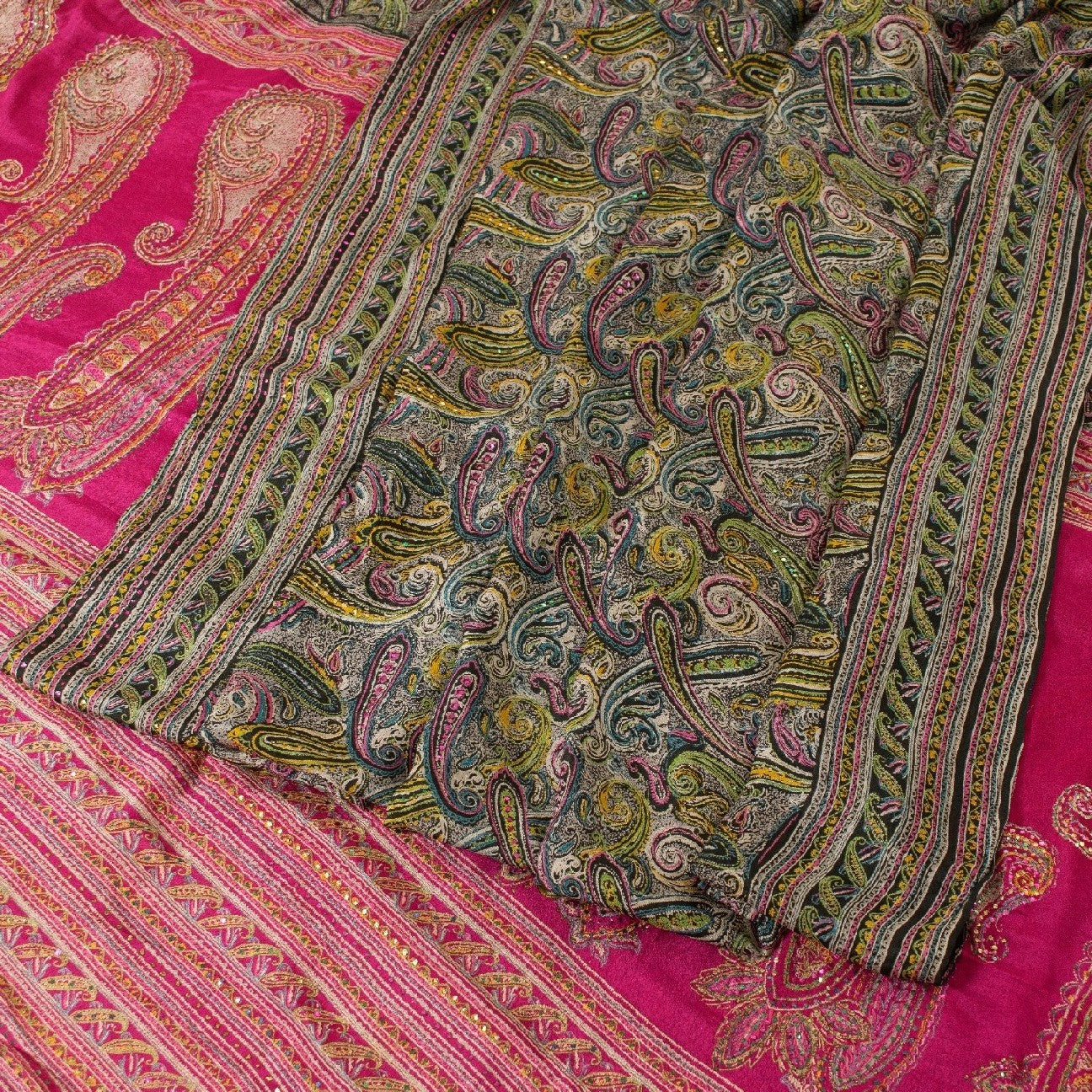 Sanskriti Vintage Black/Pink Sarees Pure Silk Handmade Mukeish Work Sari Sustainable Fabric