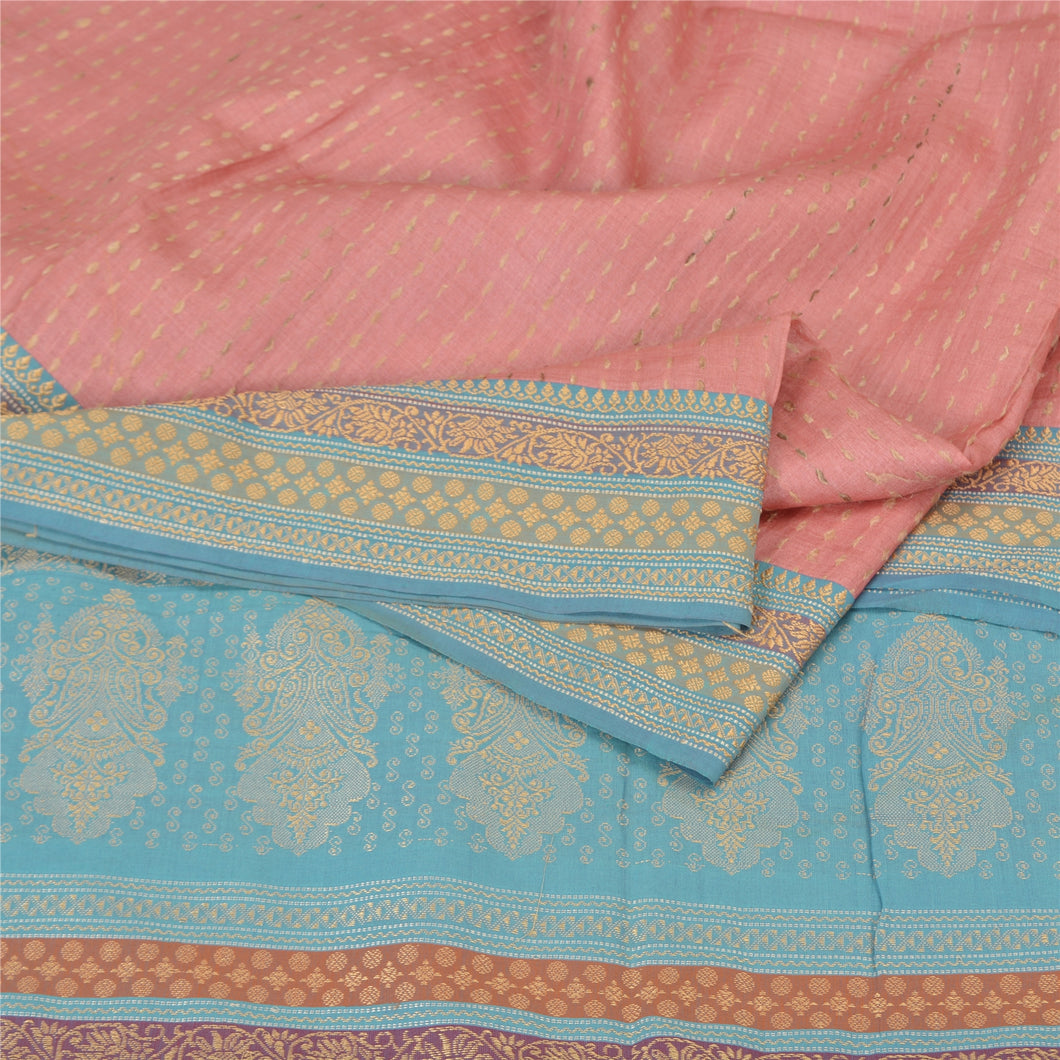 Sanskriti Vintage Sky Blue/Pink Sarees Pure Silk Woven Premium Sari Fabric