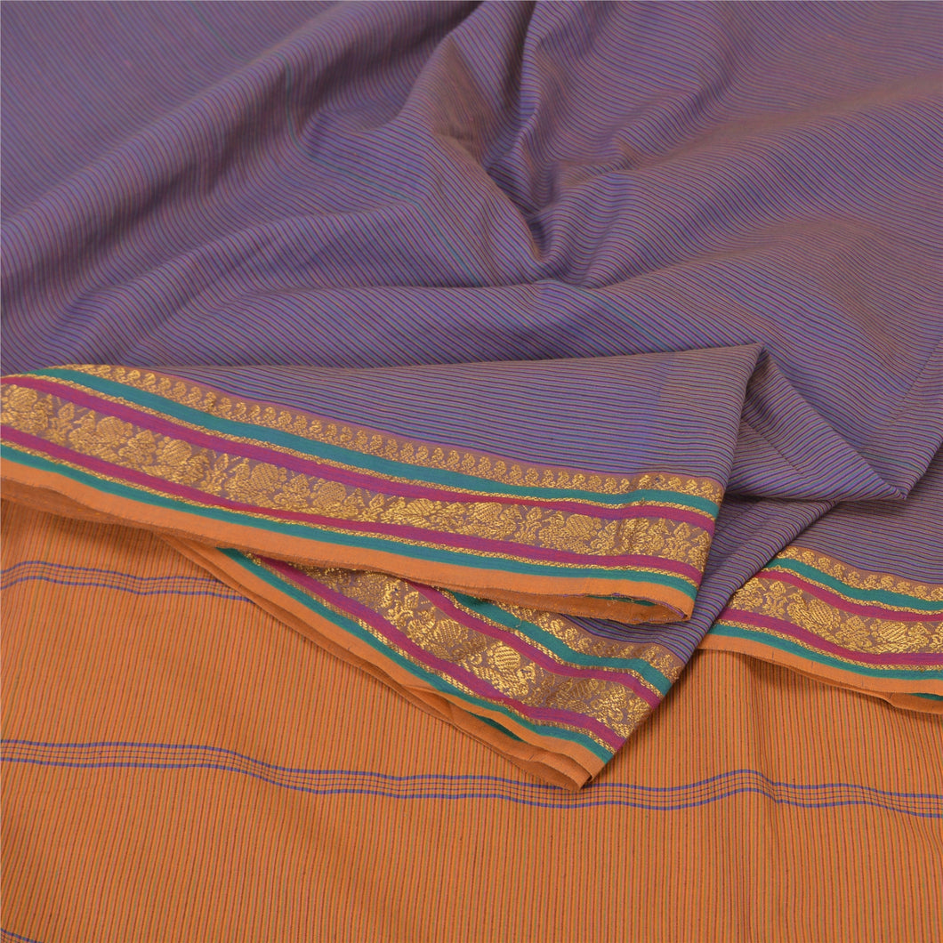 Sanskriti Vintage Saffron/Blue Sarees Blend Silk Woven Ilkal Premium Sari Fabric