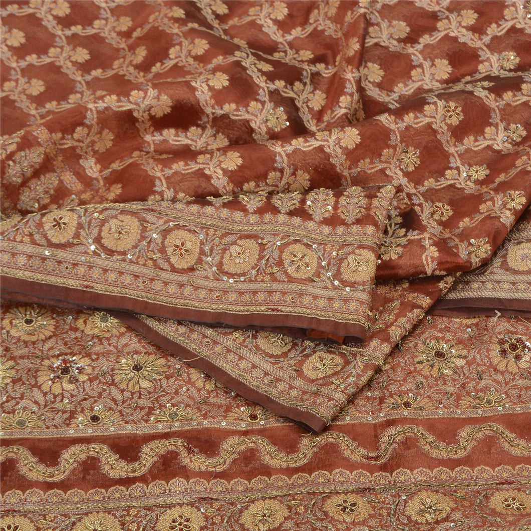 Sanskriti Vintage Burnt Orange Sarees Organza Hand Beaded Woven Sari Fabric