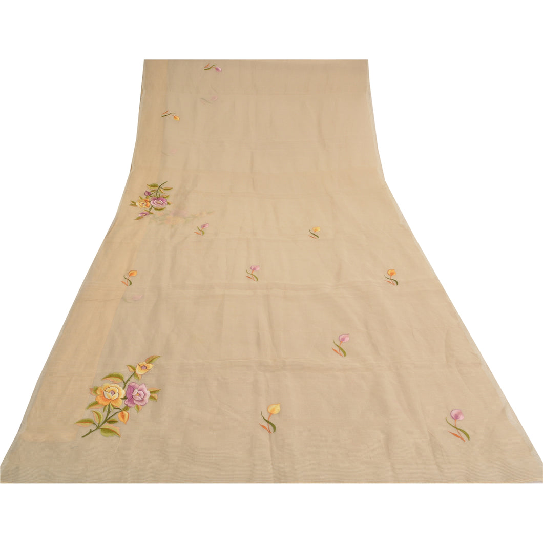 Sanskriti Vintage Ivory Indian Sarees Cotton Embroidered Sari Craft 5 YD Fabric