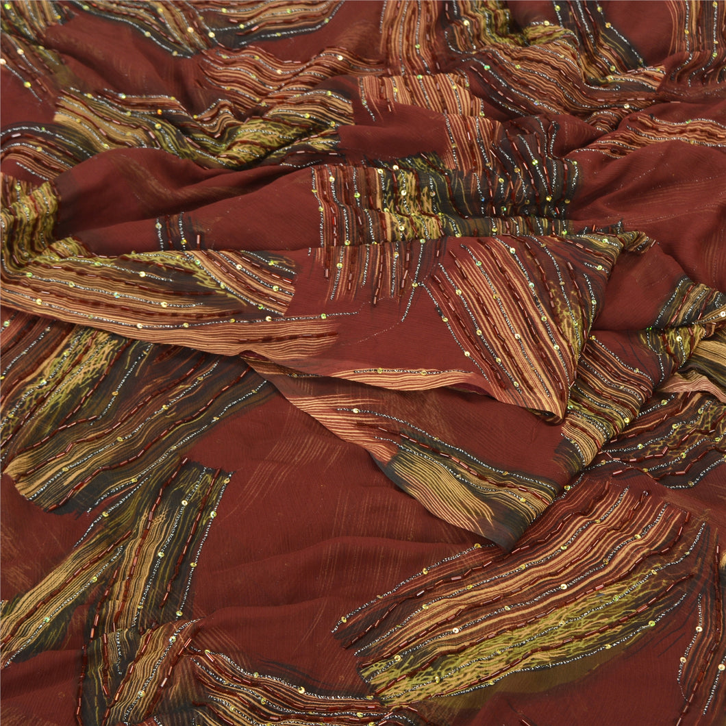 Sanskriti Vintage Dark Red Sarees Chiffon Hand Beaded Ethnic Sari Craft Fabric