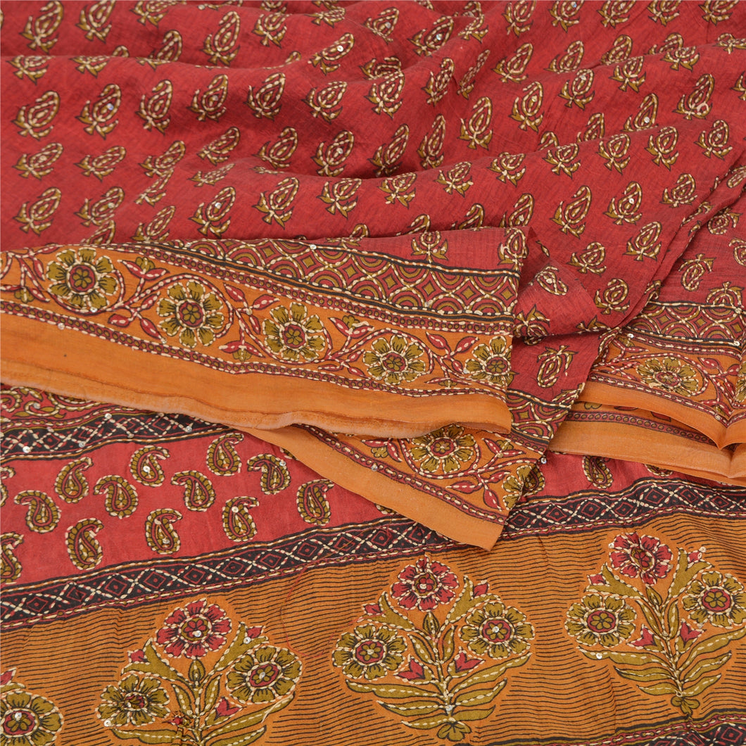 Sanskriti Vintage Saffron/Red Sarees Pure Silk Hand Beaded Kantha Sari Fabric