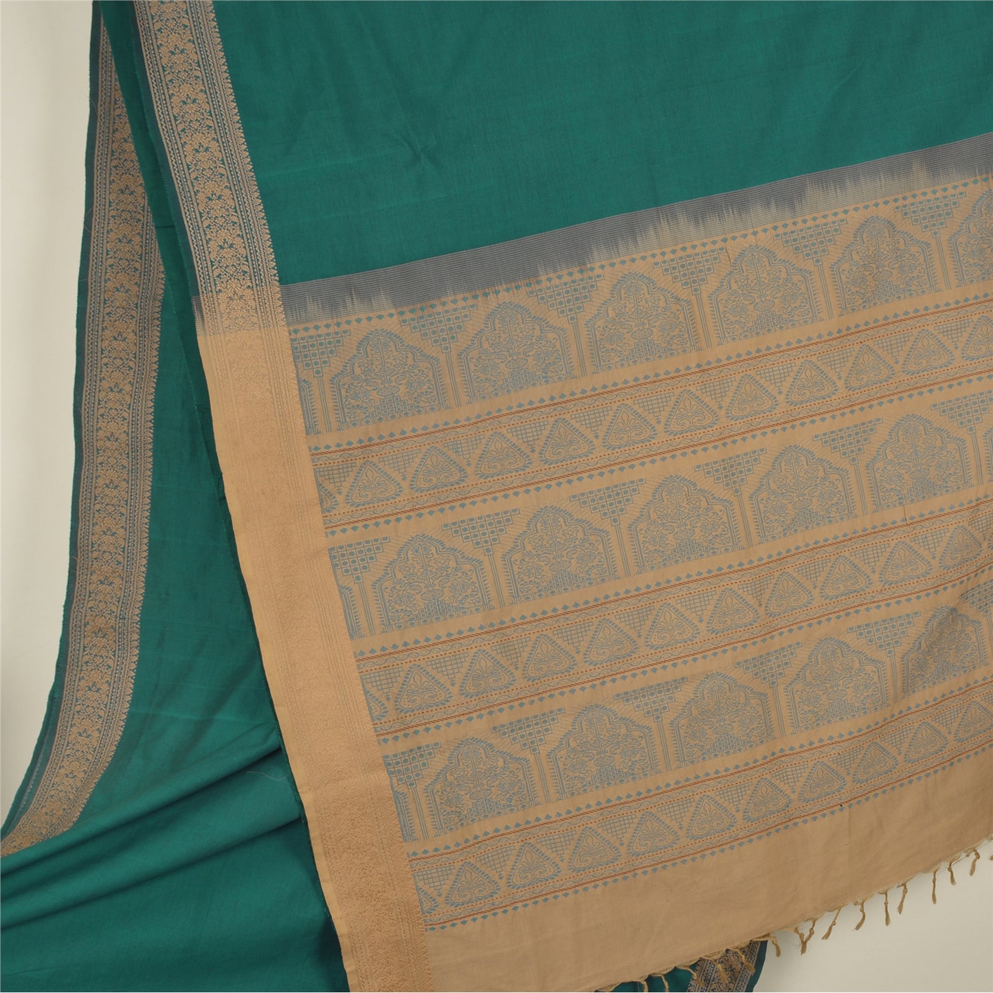 Sanskriti Vintage Green/Beige Sarees Blend Cotton Woven Premium Sari Sustainable Fabric