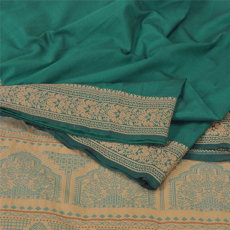 Sanskriti Vintage Woven Sari Fabric: Green & Beige Blend Cotton, 5yd Craft Material Add-Elegance to Table Linen, Curtains, or Cushions