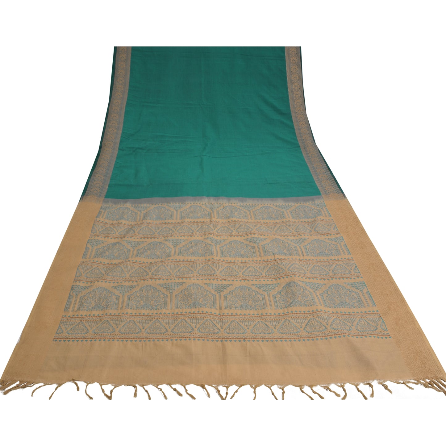 Sanskriti Vintage Green/Beige Sarees Blend Cotton Woven Premium Sari Sustainable Fabric