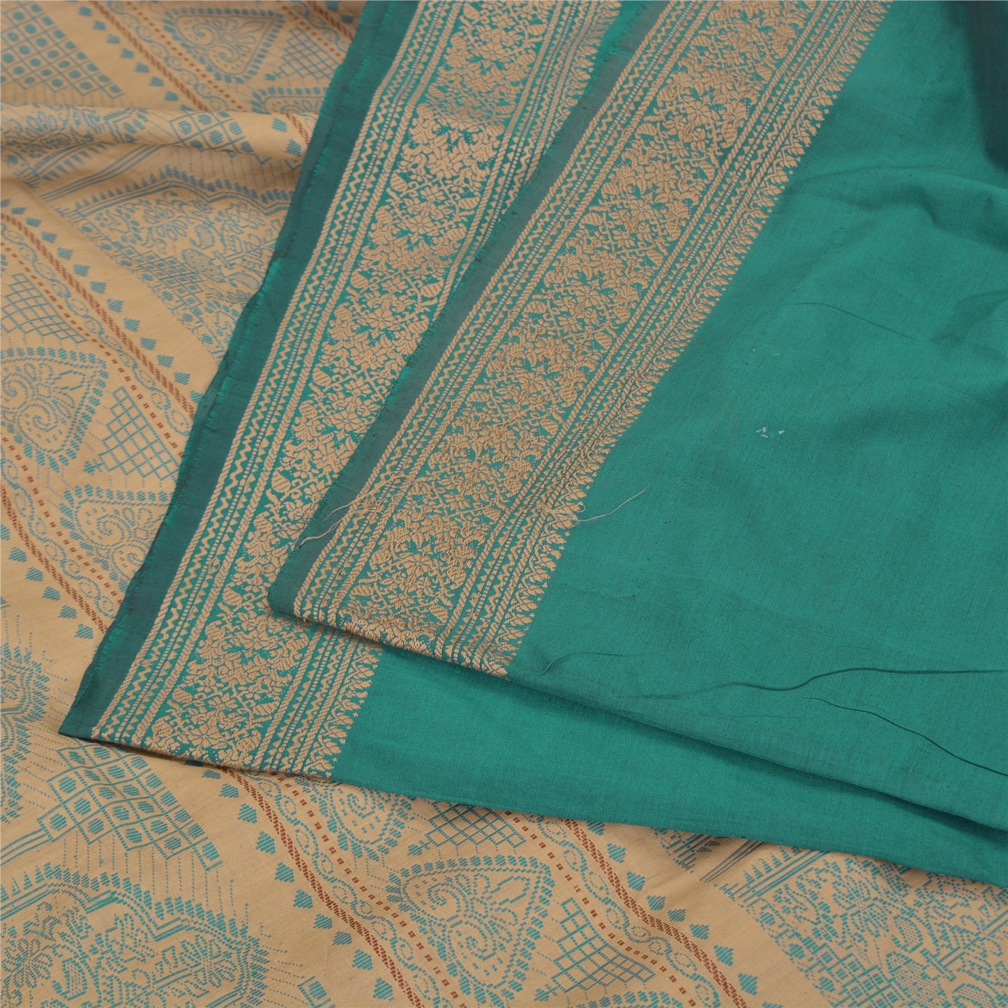 Sanskriti Vintage Green/Beige Sarees Blend Cotton Woven Premium Sari Sustainable Fabric