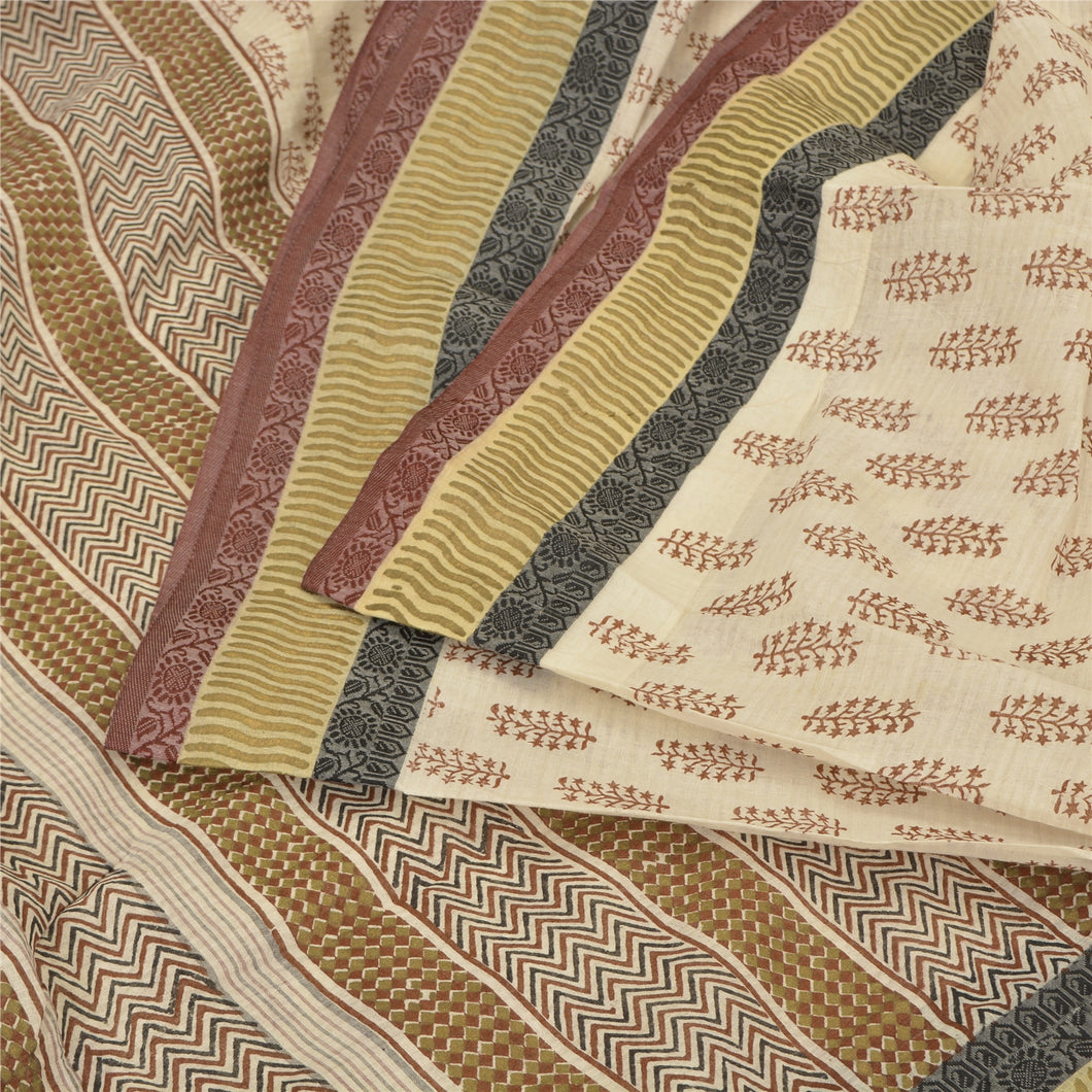 Sanskriti Vintage Ivory Sarees Pure Cotton Block Printed Woven Sari Craft Fabric
