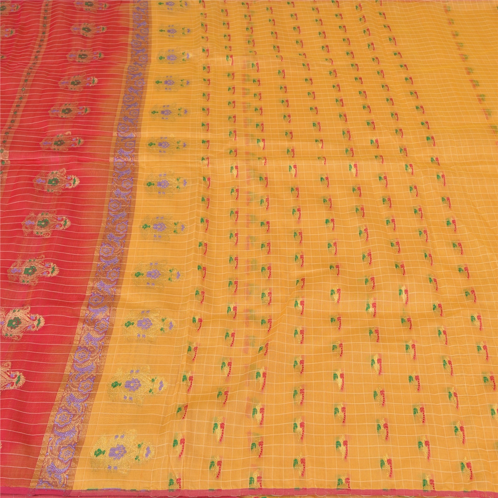 Sanskriti Vintage Yellow/Pink Sarees Pure Silk Brocade/Banarasi Zari Sari Sustainable Fabric