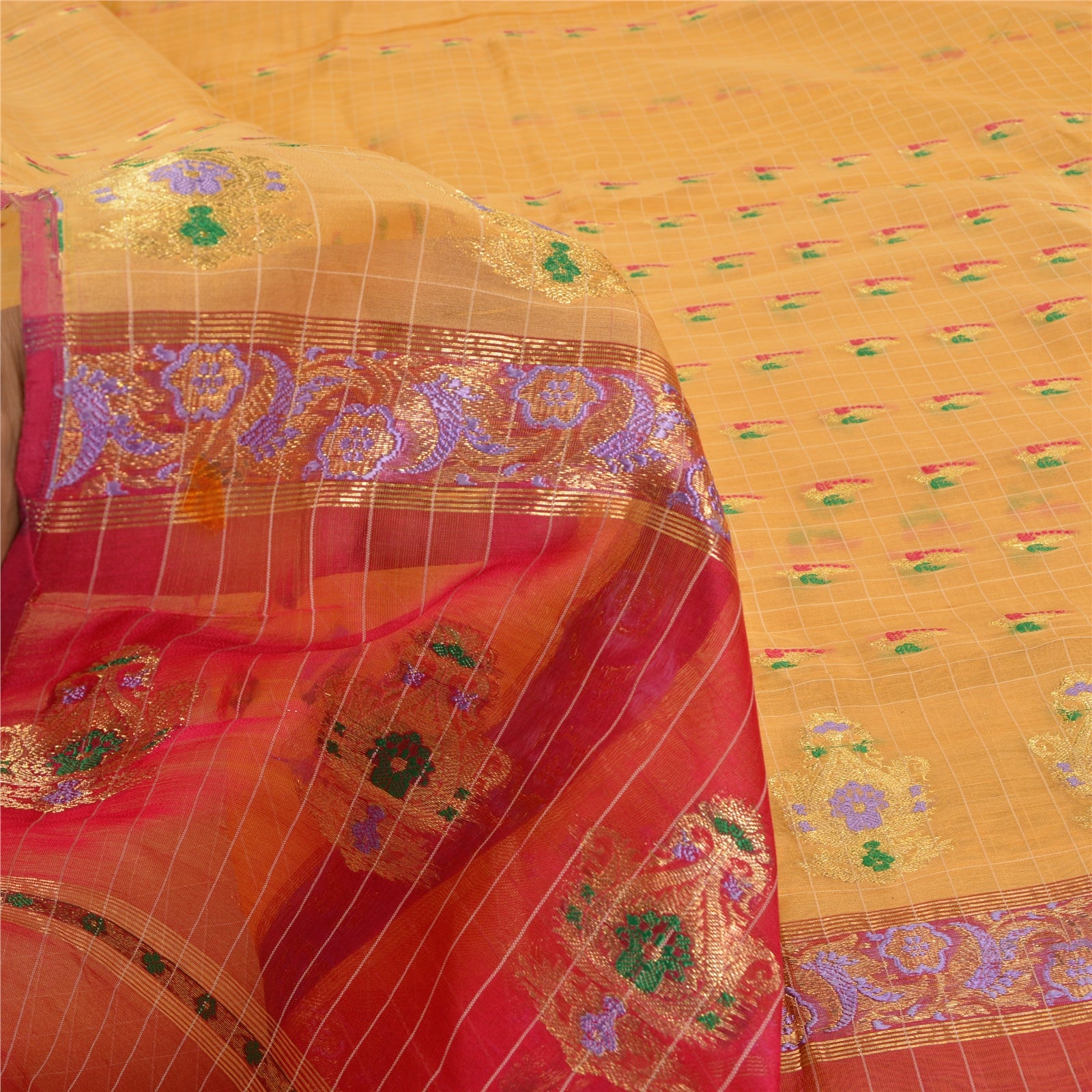 Sanskriti Vintage Yellow/Pink Sarees Pure Silk Brocade/Banarasi Zari Sari Sustainable Fabric