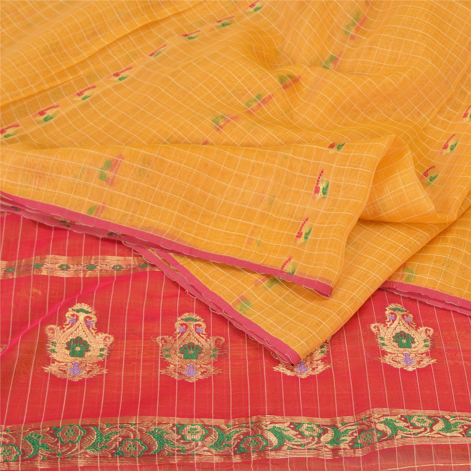 Sanskriti Vintage Yellow/Pink Sarees Pure Silk Brocade/Banarasi Zari Sari Sustainable Fabric