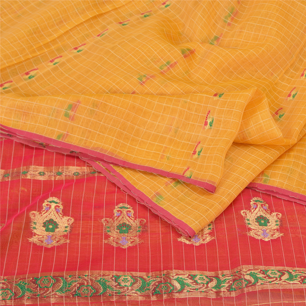 Sanskriti Vintage Yellow/Pink Sarees Pure Silk Brocade/Banarasi Zari Sari Fabric