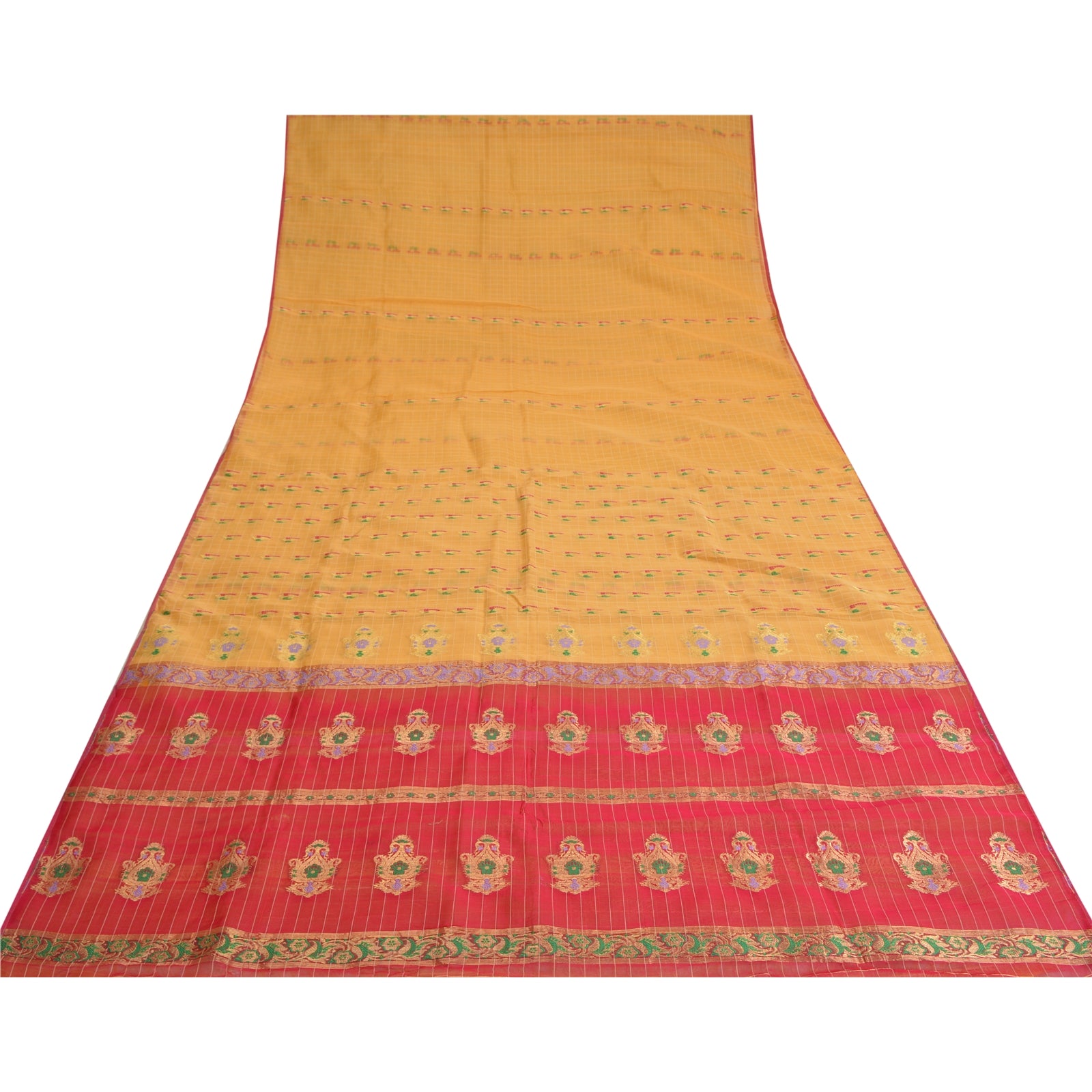 Sanskriti Vintage Yellow/Pink Sarees Pure Silk Brocade/Banarasi Zari Sari Sustainable Fabric
