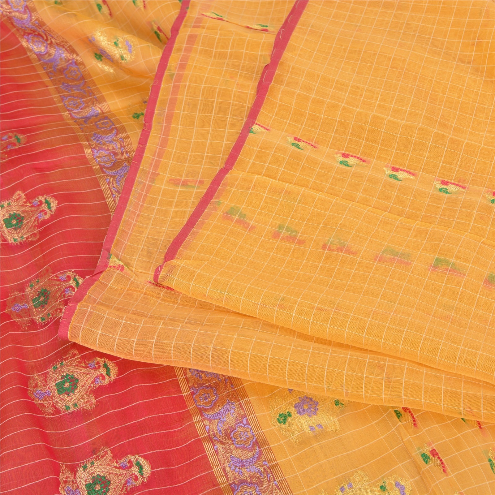 Sanskriti Vintage Yellow/Pink Sarees Pure Silk Brocade/Banarasi Zari Sari Sustainable Fabric