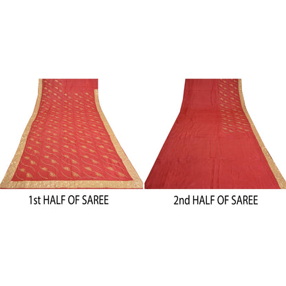 Sanskriti Vintage Red Sarees Pure Silk Hand Beaded Premium Sari Craft Sustainable Fabric
