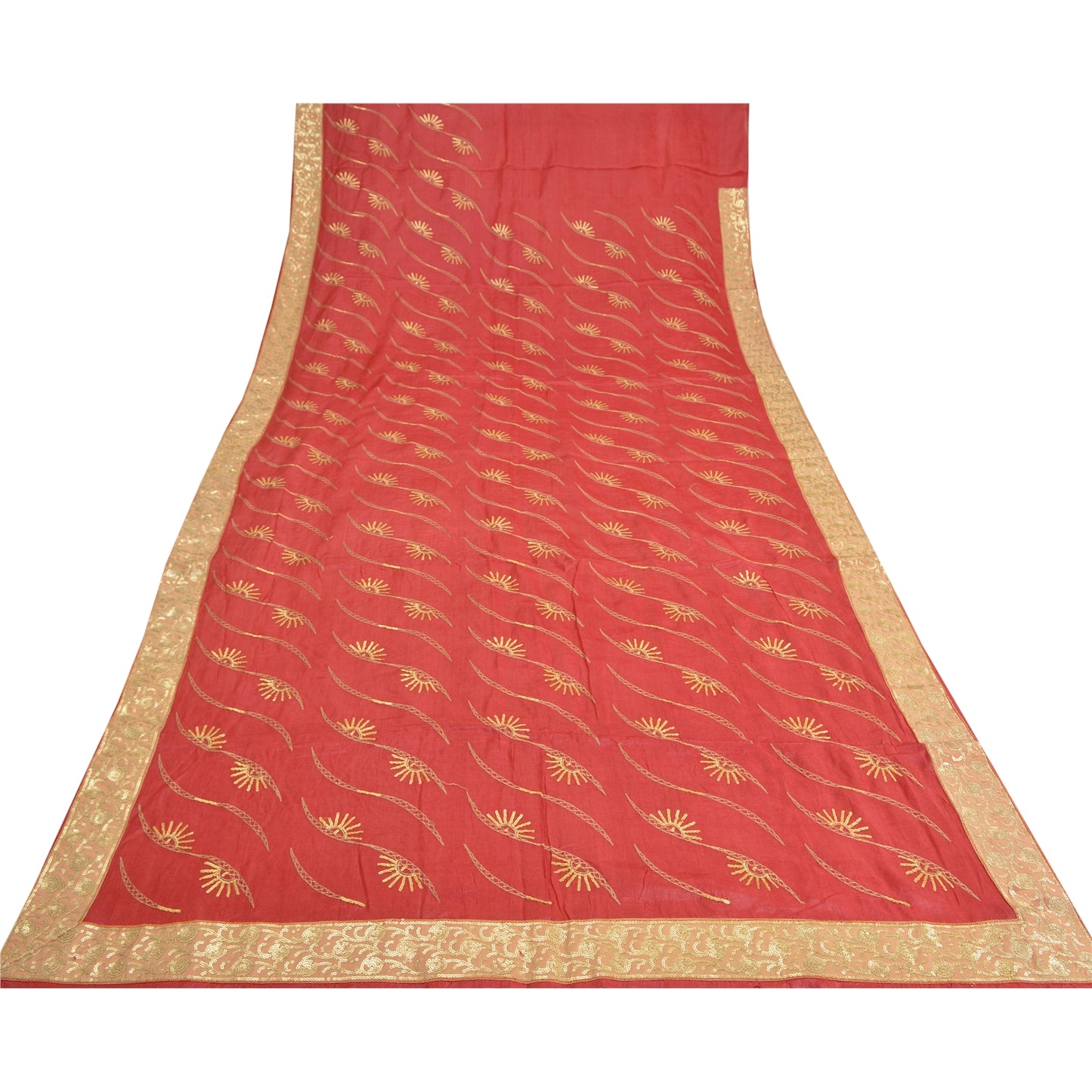 Sanskriti Vintage Red Sarees Pure Silk Hand Beaded Premium Sari Craft Sustainable Fabric