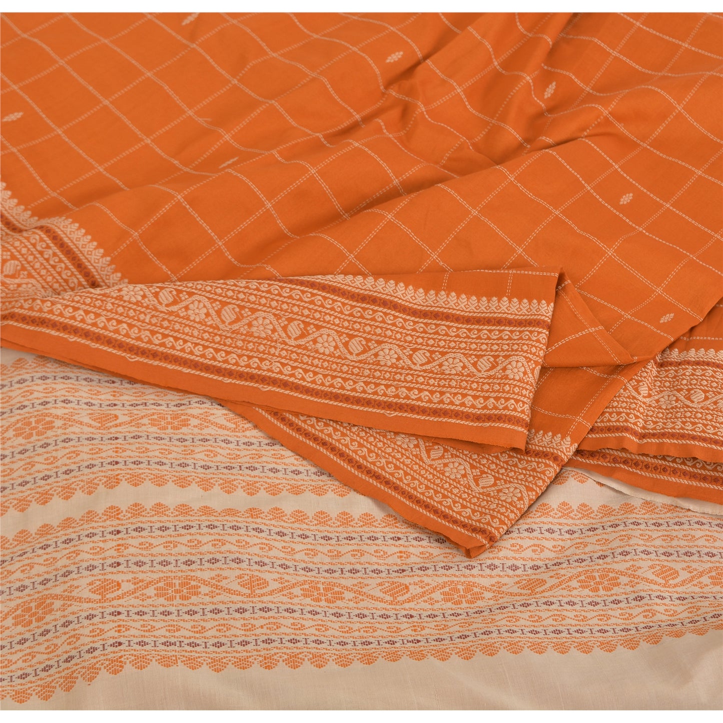 Sanskriti Vintage Orange/Ivory Sarees Pure Cotton Woven Premium Sari 5yrd Sustainable Fabric