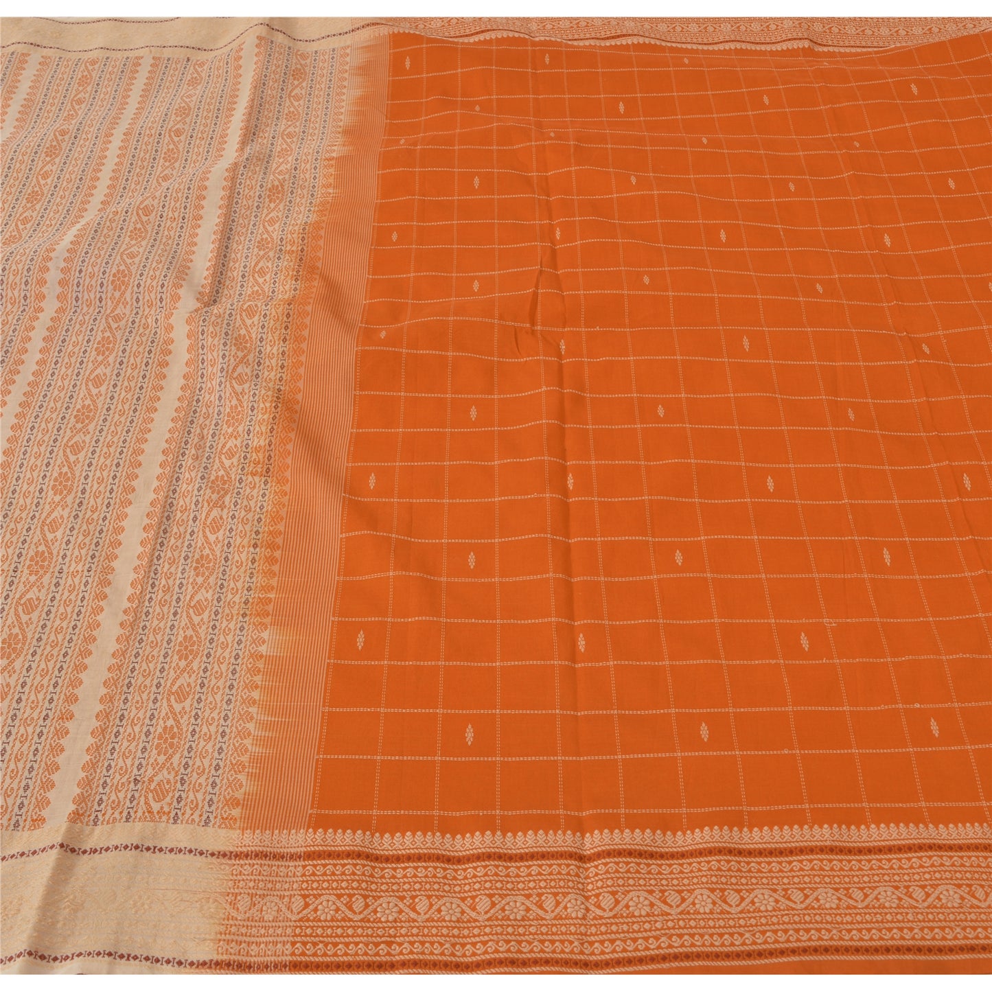 Sanskriti Vintage Orange/Ivory Sarees Pure Cotton Woven Premium Sari 5yrd Sustainable Fabric