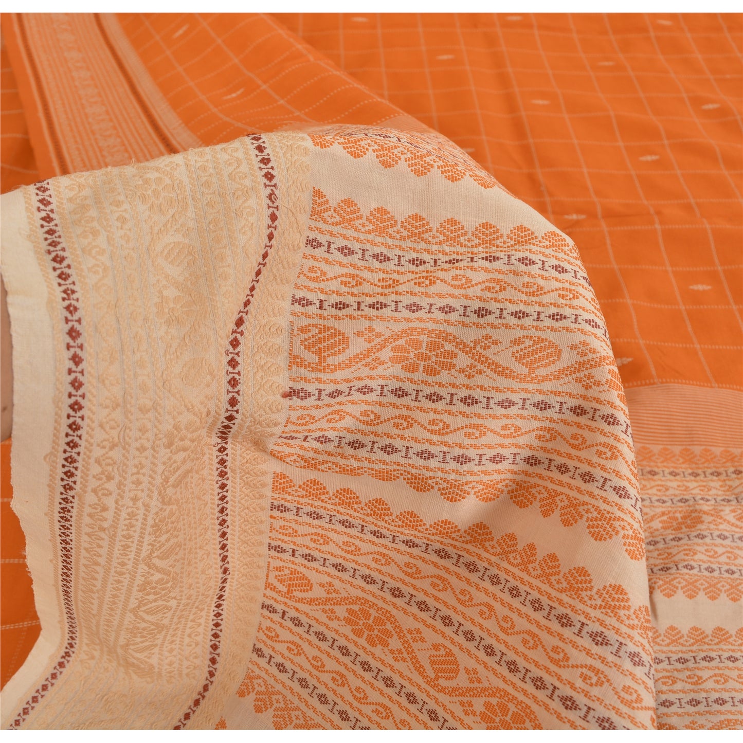 Sanskriti Vintage Orange/Ivory Sarees Pure Cotton Woven Premium Sari 5yrd Sustainable Fabric