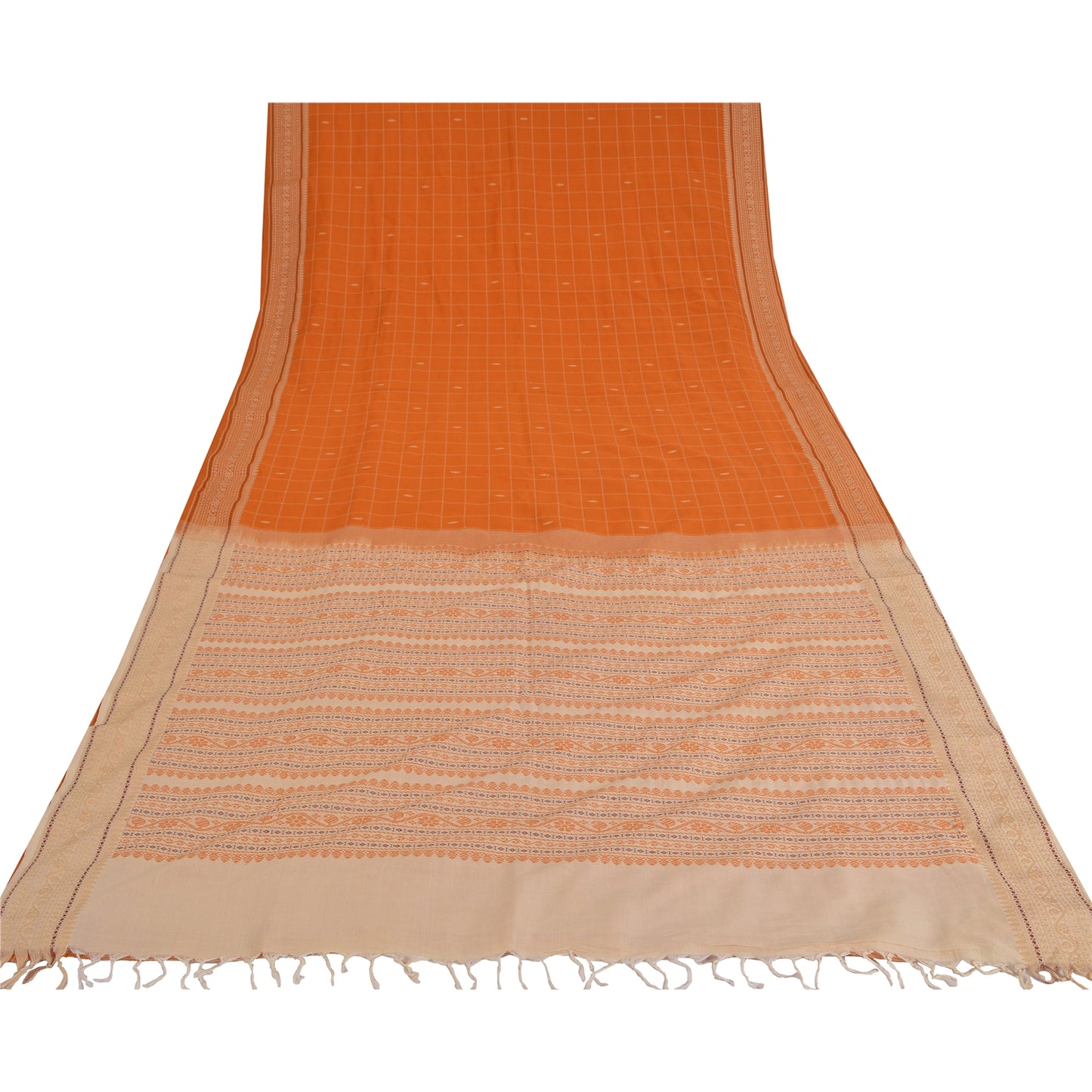 Sanskriti Vintage Orange/Ivory Sarees Pure Cotton Woven Premium Sari 5yrd Sustainable Fabric