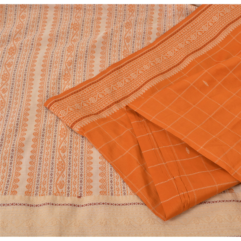 Sanskriti Vintage Orange/Ivory Sarees Pure Cotton Woven Premium Sari 5yrd Sustainable Fabric
