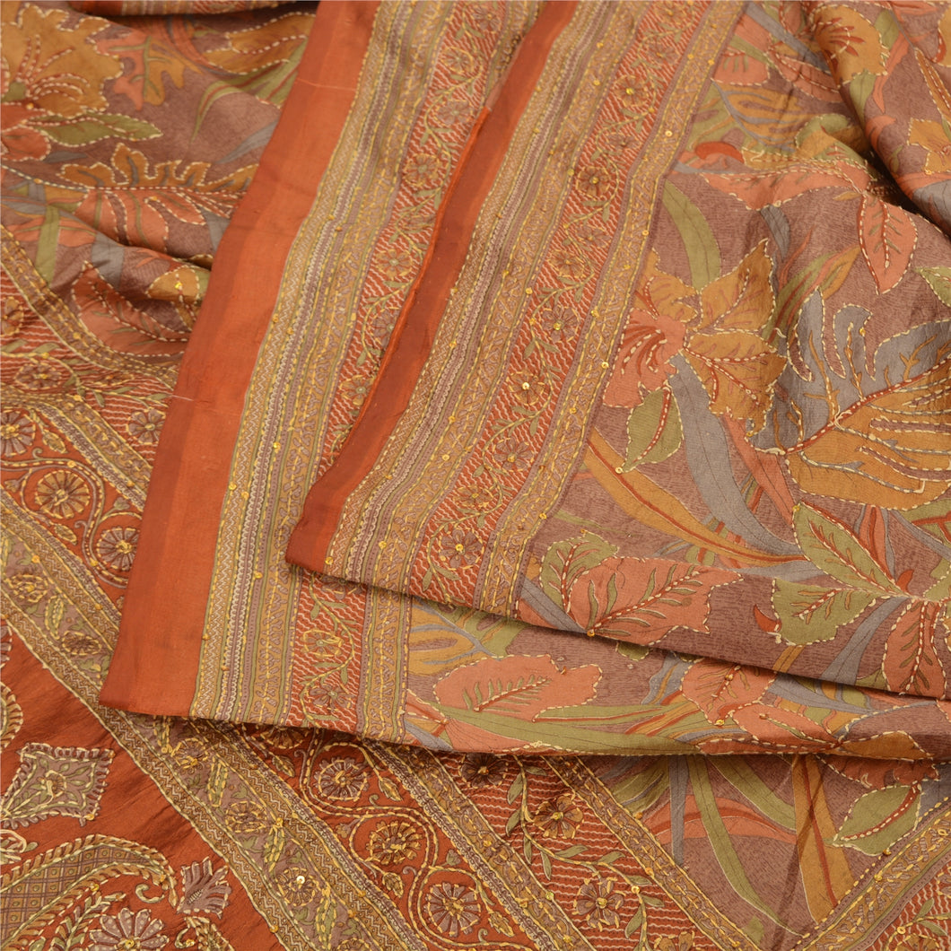 Sanskriti Vintage Orange Indian Sarees Pure Silk Hand Beaded Kantha Sari Fabric