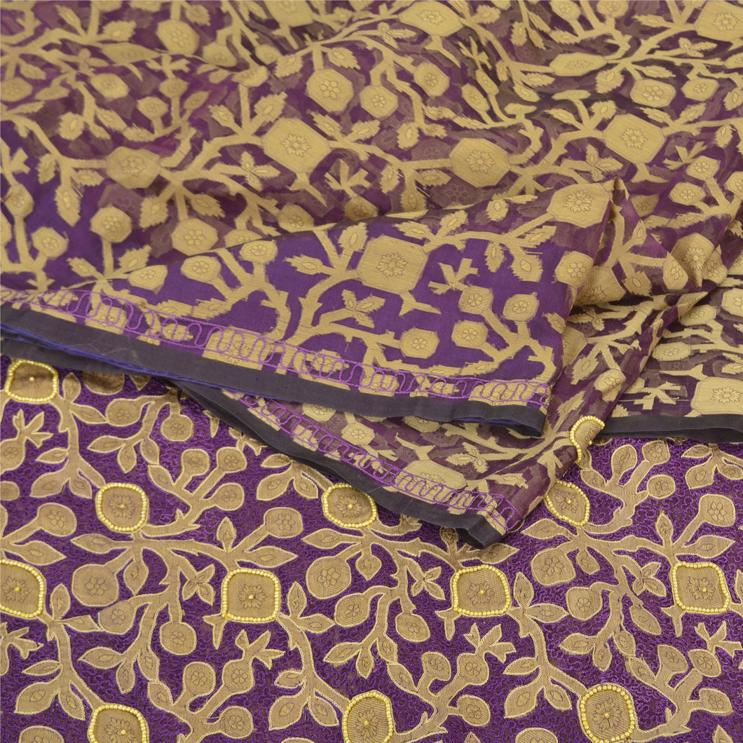 Sanskriti Vintage Purple Sarees Pure Organza Silk Hand Beaded Woven Sari Fabric