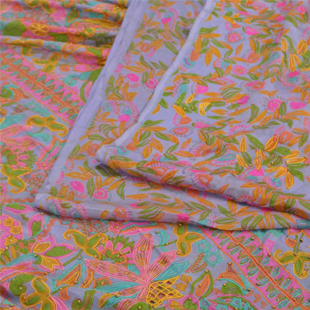 Sanskriti Vintage Purple Sarees Pure Silk Hand Beaded Sari Craft 5 Yard Fabric