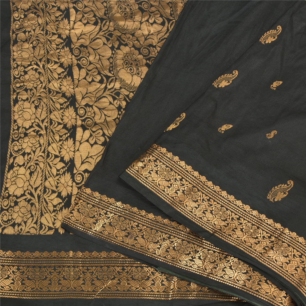 Sanskriti Vintage Black Sarees Pure Silk Woven Brocade/Banarasi Zari Sari Fabric