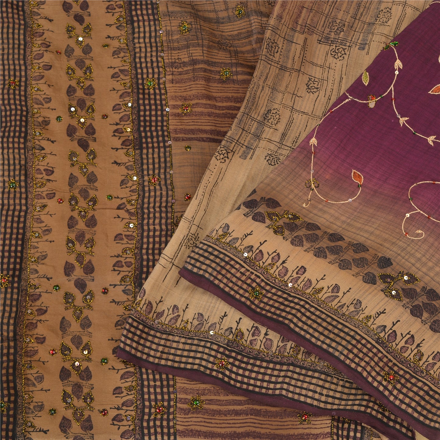 Sanskriti Vintage Brown/Purple Sarees Pure Crepe Silk Hand Beaded Sari Sustainable Fabric